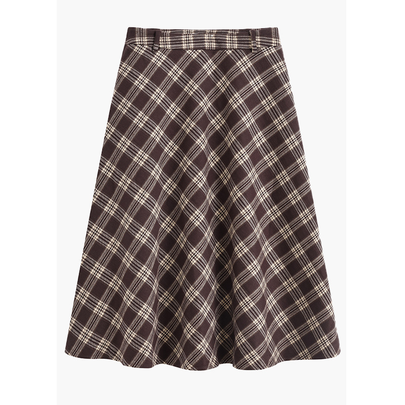 Retro Brown Plaid Woolen Skirt for Women 2025 Autumn and Winter New High-Waist Slimming Look Elegant Mid-Length A-Line Skirt