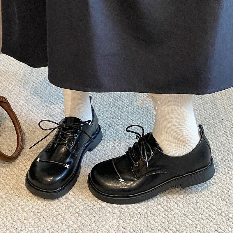 黑色英伦风低粗跟小皮鞋女2025新款秋季百搭配裙子软底复古单鞋子|undefined