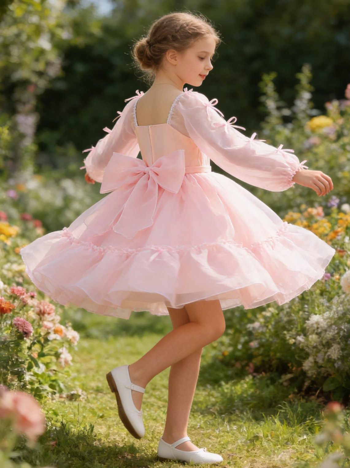 2026 vestido de niñas de mangas largas vestido de princesa flor de boda vestido de arco de cinta vestido de cumpleaños