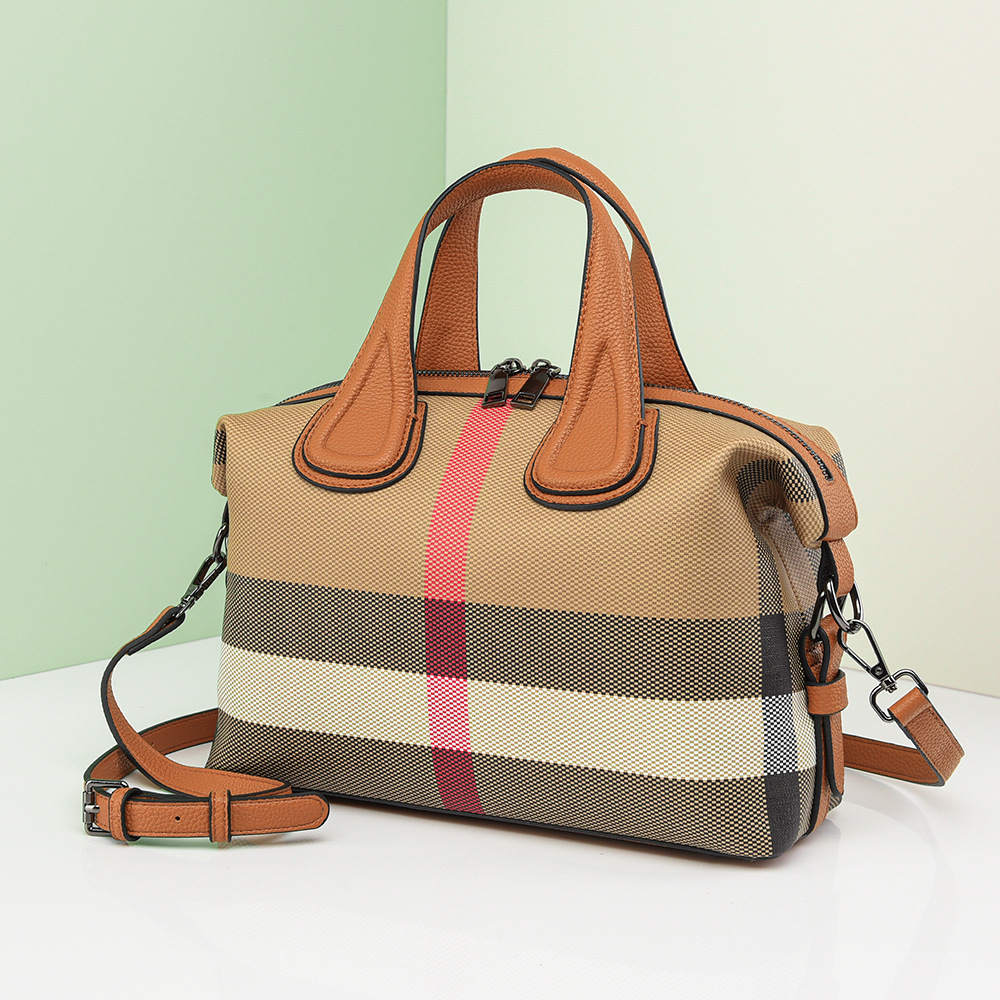 Women's New Fashion Boston Handbag Simple Large Capacity Plaid Commuter Bag - Thumbnail 4