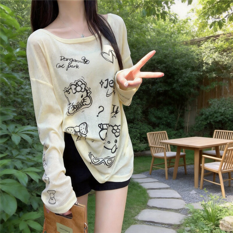 Original Fabric Relaxation Cute Cartoon Printed Long-sleeved T-shirt Women's Summer Lazy Loose Sunscreen Blouse Top