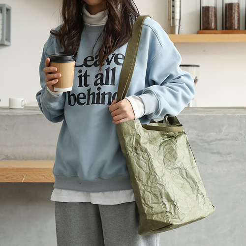 日系休闲复古手提包ins时尚杜邦纸单肩包网红洗水牛皮纸单肩女包