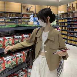 春秋短款长袖纽扣口袋拼接小西服polo领外套女薄款小个子上衣跨境
