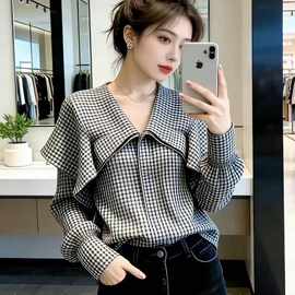 高级感格子衬衫女2026春季新款大码胖mm独特别致遮肉长袖衬衣上衣