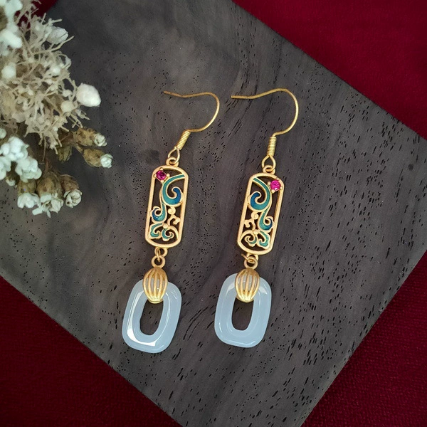 Ретро-Enamel серьги в виде защитного амулета, имитация нефрита, позолоченная филигрань, легкий