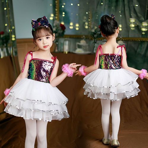 Girls toddler sequins jazz salsa dance dresses white pink blue tutu skirt ballet dance dress girl colorful sequins kindergarten modern dance princess dress