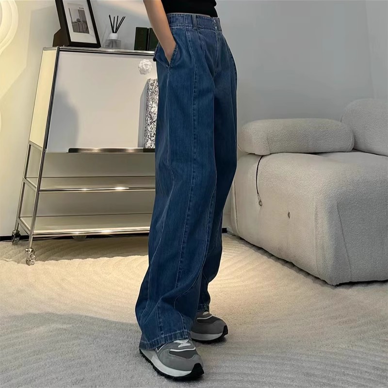 Quần jean nữ ống rộng cạp cao dáng chuối xếp ly denim dễ phối — Màu xanh lam chi tiết 4
