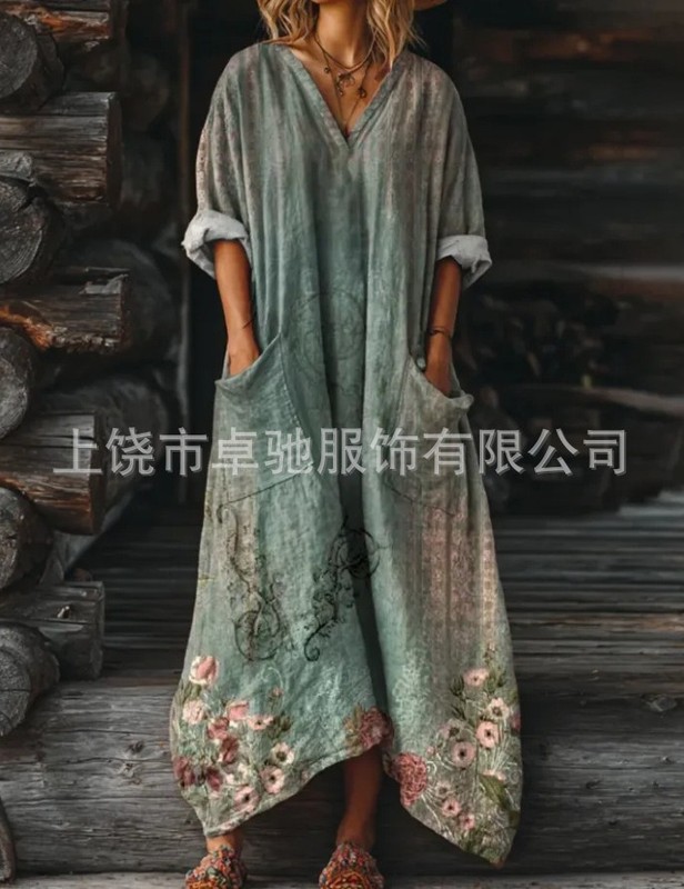 2025新款独立站女式复古花卉艺术图案印花口袋V领口袋连衣裙|undefined