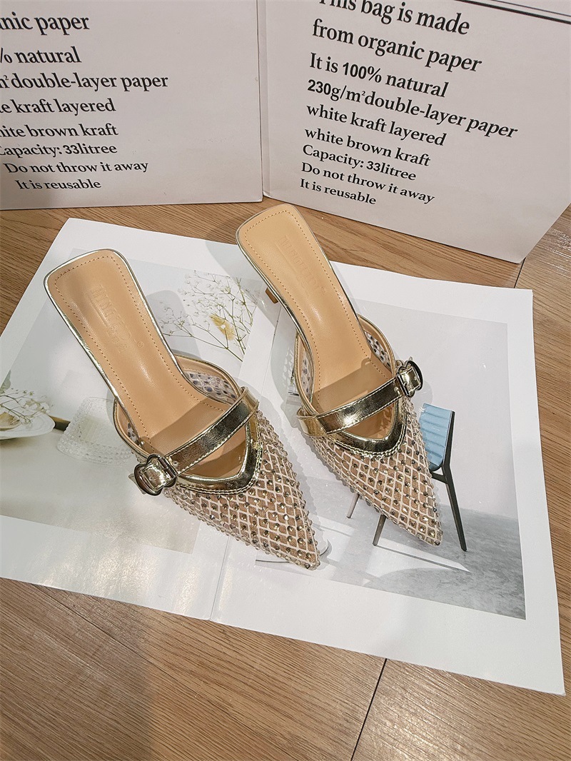 2026 nuevo verano de malla de diamante mitad zapatillas zapatillas de tacón frío zapatillas de tacón alto mujer ropa exterior de moda tacones delgados punta image 7
