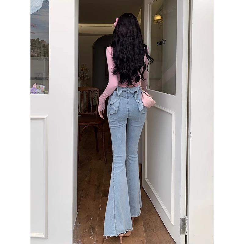 亦菲同款立体后腰3D蝴蝶牛仔裤女2025夏款浅蓝色高腰显瘦喇叭裤|undefined