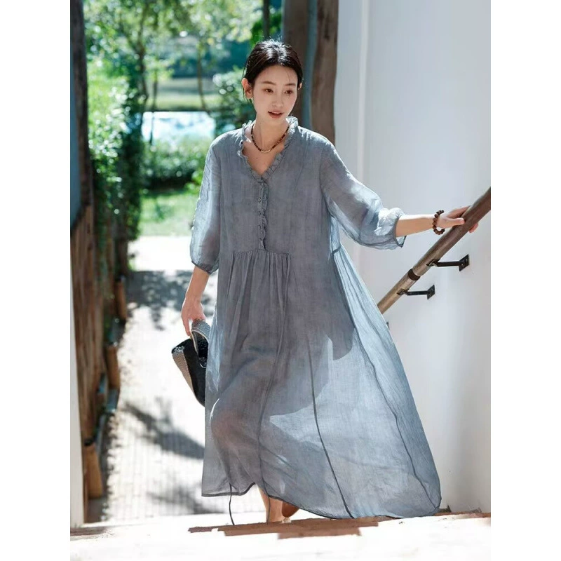 Платье из хлопка и льна, юбка миди, новинка весна-лето 2025