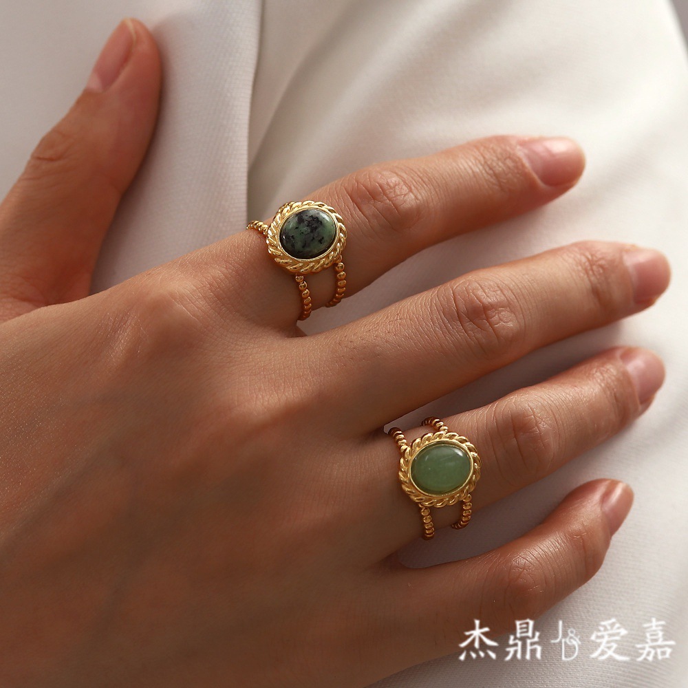 Estilo retro vintage anillo de piedra natural de acero de titanio diseño de nicho femenino anillo abierto de alto sentido personalidad de la moda image 1