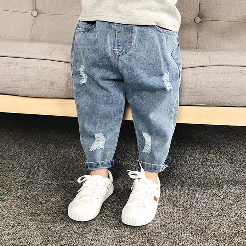 New children's clothing kids' ripped denim jeans spring summer 1-8 years old unisex loose long pants baby trendy dad pants