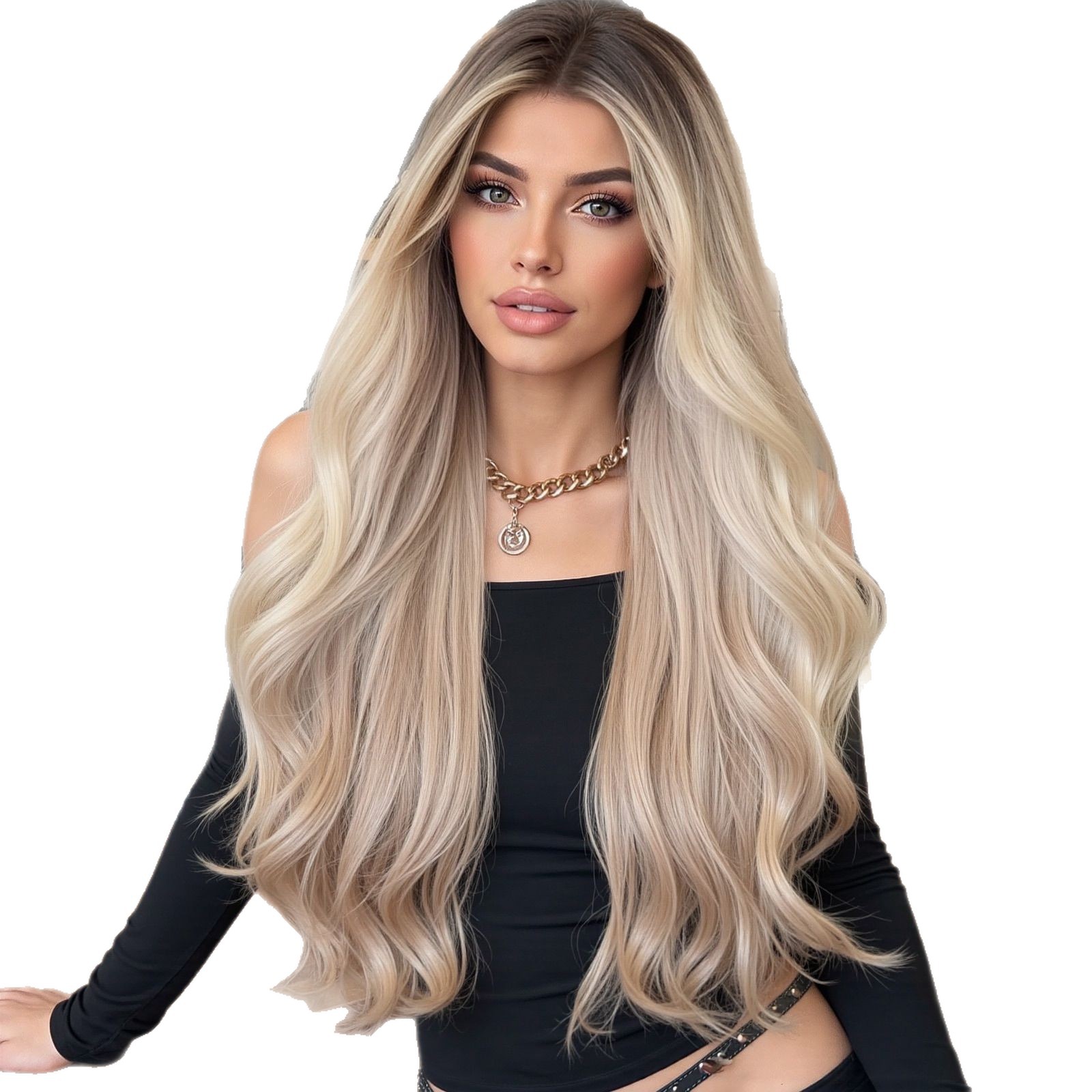 Ventas transfronterizas calientes gancho de mano pequeña T frente peluca de encaje mujer cubierta de cabeza completa oro gradiente dividido en rollo largo encontrado encaje