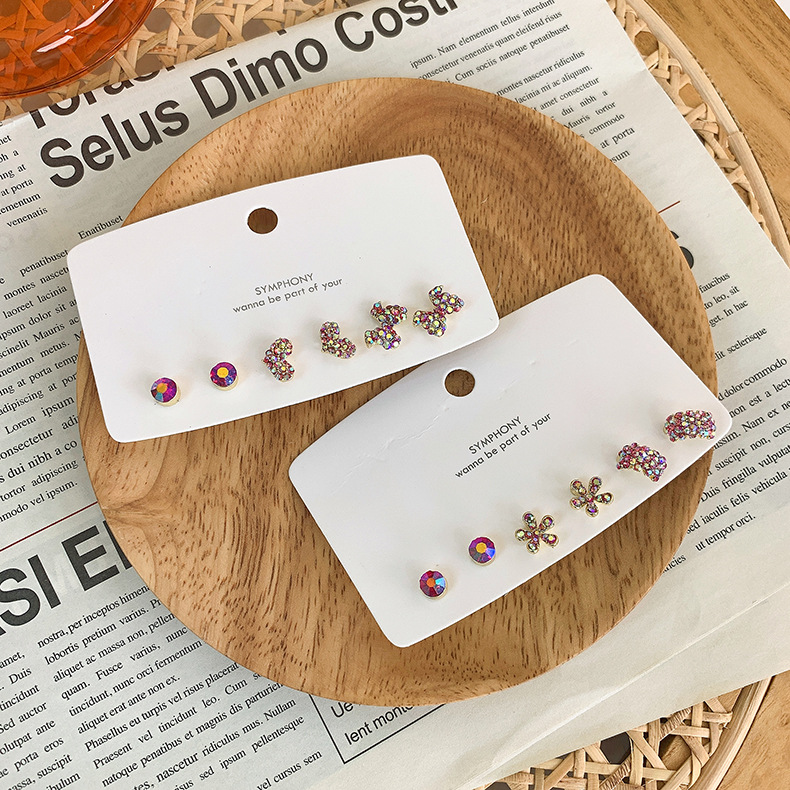 Korean Fashion Colorful Inlaid Rhinestone Bow Heart Flower Earrings 6-piece Set Wholesale Nihaojewelry display picture 1