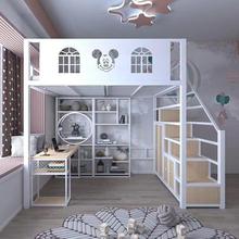 高架铁艺床一体上铺带书架小户型卧室二层省空间阁楼