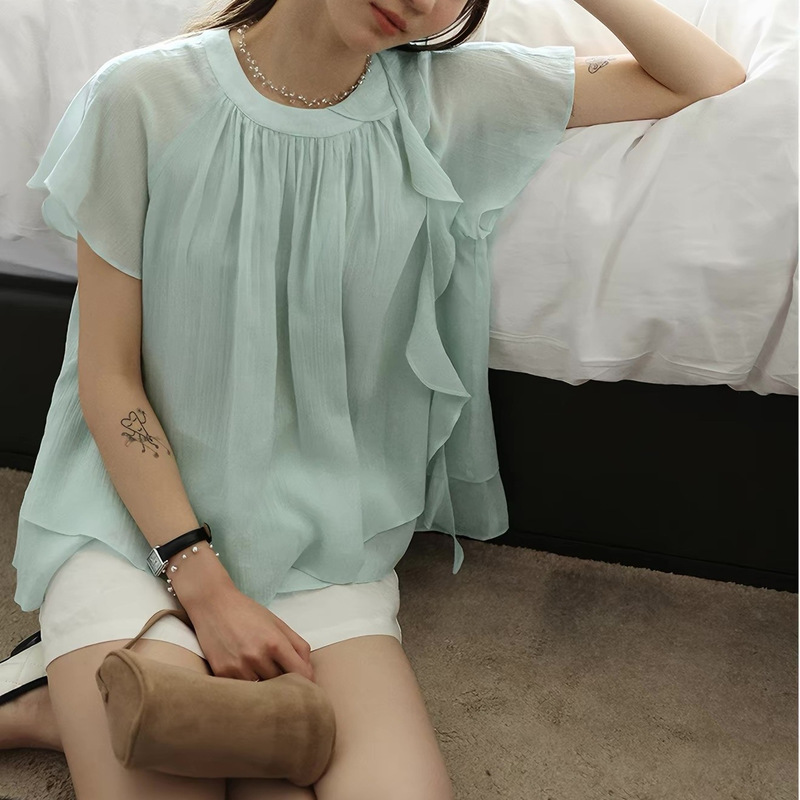 Lalglow All-Wool French-Style Elegant Loose Slimming Short-Sleeve Shirt, Skin-Friendly Blouse for Women, New Summer Model