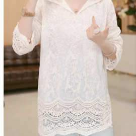 大码中长款女士气质蕾丝衫2025新款秋季镂空钩花设计感连帽上衣女