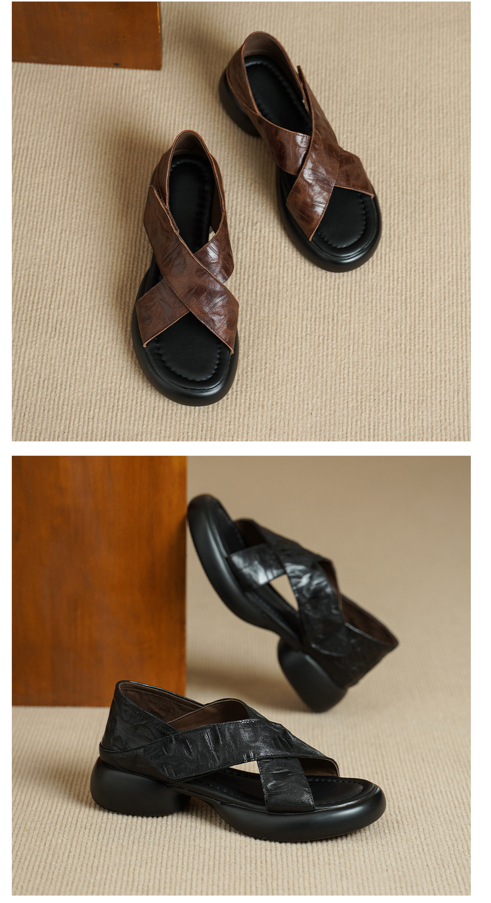 Sandal nữ hở mũi đế dày 4 cm da cừu quai chéo bọc gót — màu nâu chi tiết 16