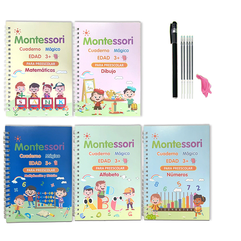 Cuaderno de práctica de escritura mágica transfronterizo en español para niños de preescolar y jardín de infancia: letras, números, dibujo y entrenamiento de control del lápiz.