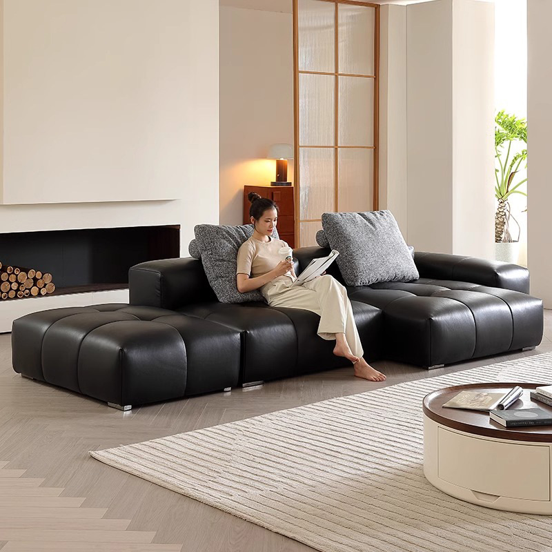 Sofá de píxeles minimalista italiano módulo de tofu diseño original de cuero completo villa sala de estar sofá de cuero en línea recta
