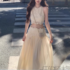 2025夏季新款卢浮幻境优雅甜美精致睫毛蕾丝上衣+长裙套装女