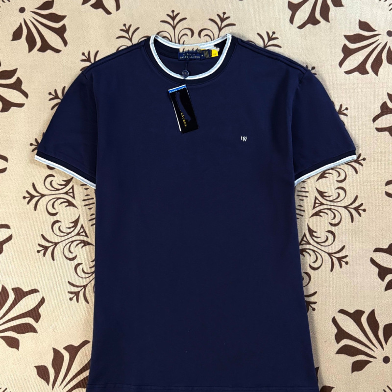 Cross-Border Rl New Spring Breathable Summer Color-Blocking Jacquard Mesh Embroidered Pure Cotton Men's Round Neck Short-Sleeve T-Shirt