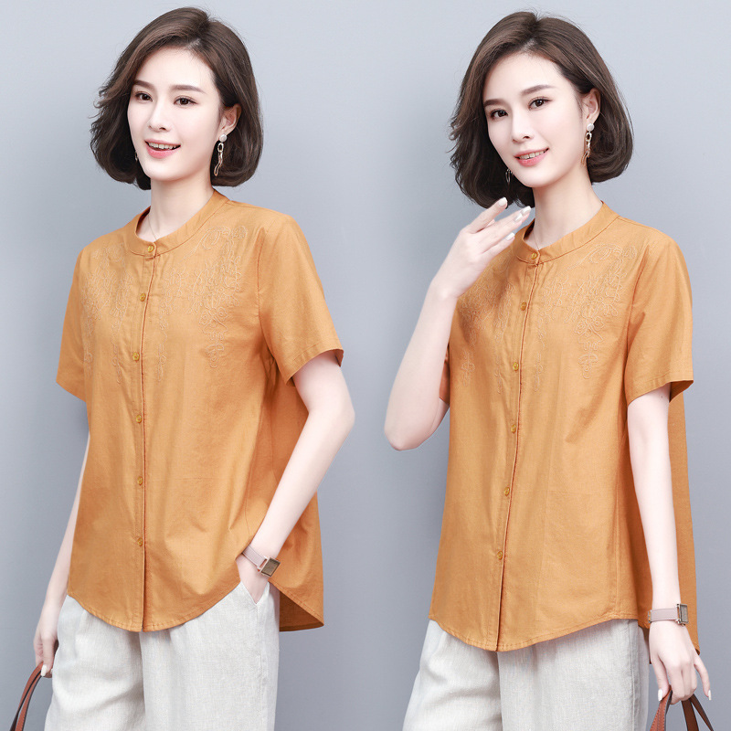 Cotton and Linen Embroidered Short-Sleeved Shirt for Women 2025 Summer New Large Size Loose Casual Age-Reducing Versatile Linen Top