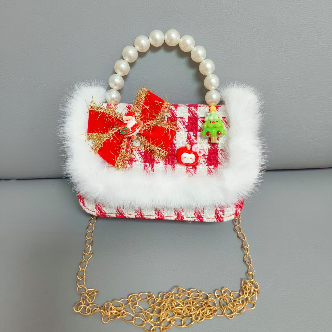 Gran bolso de perla de arco rojo, Santa Claus, bolso de Año Nuevo, cartera de Año Nuevo, hombro, pequeño viento fragante