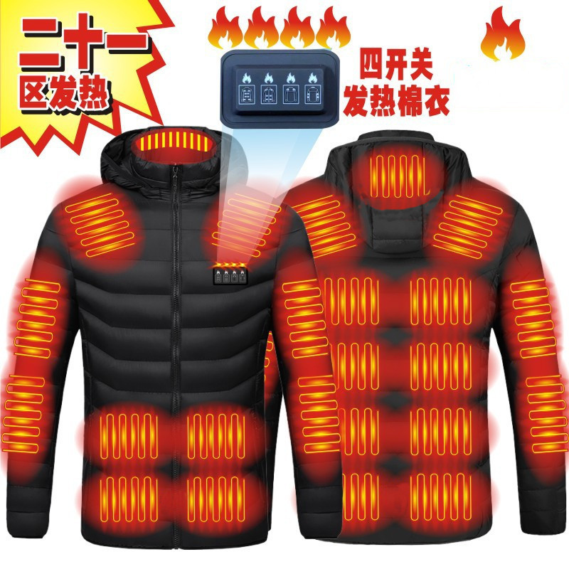 후드가 달린 겨울 스마트 가열 다운 재킷, 남성용 및 여성용 충전식 가열 면 재킷, 중년 및 노인 따뜻한 면 재킷