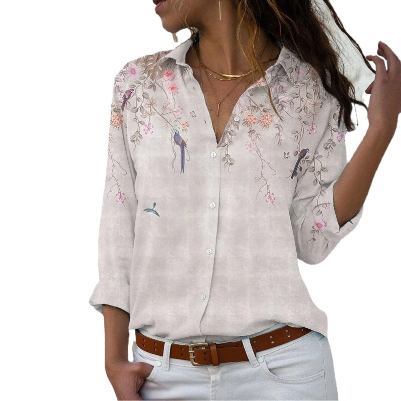 В наличии Европейская и американская внешняя торговля Amazon Женская свободная однобортная рубашка с длинными рукавами и лацканами Элегантный женский топ с принтом