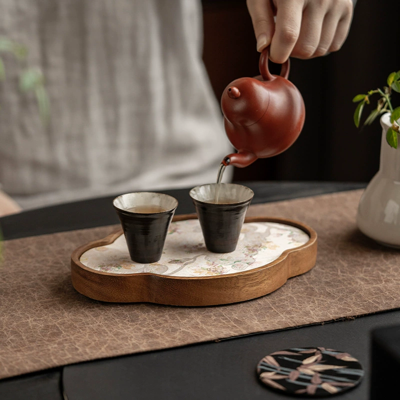 Walnut teapot with dry teapot, Chinese style small tea tray, solid wood tea tray, Chinese style crabapple dry tea mat, tea mat
