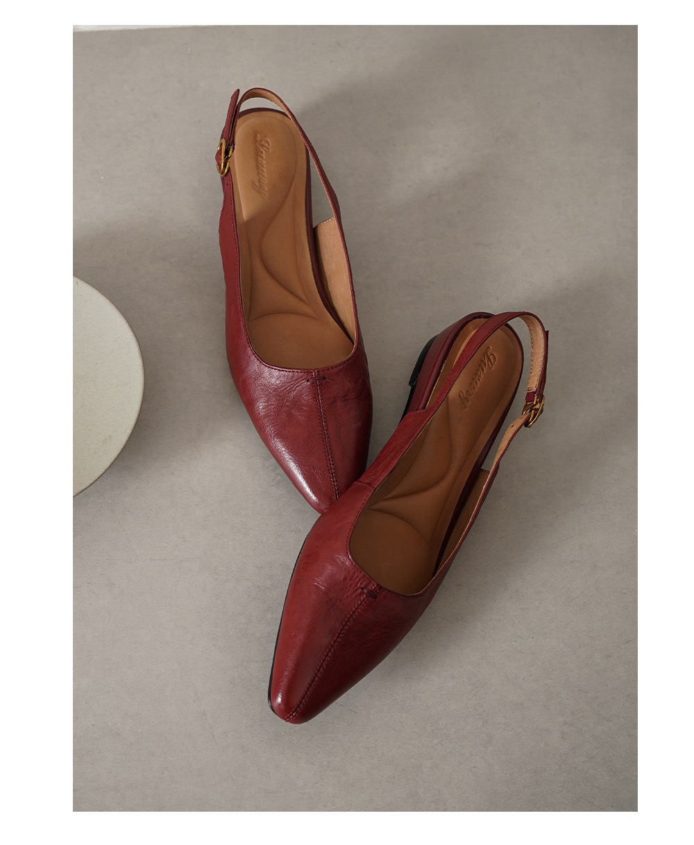 Sandal nữ da cừu mũi nhọn quai chữ V đế bệt — màu nâu chi tiết 14