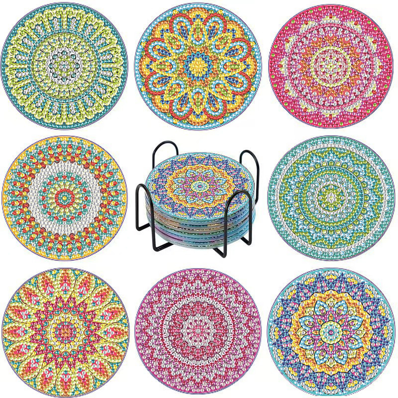 Posavasos de pintura de diamantes de diamantes de diamantes completos transfronterizos hechos a mano almohadilla de aislamiento térmico de diamantes de punto de acrílico redondo de bricolaje fondo de corcho antideslizante posavasos