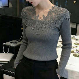 设计感花边拼接镂空毛衣女秋冬洋气套头宽松慵懒风软糯针织衫上衣