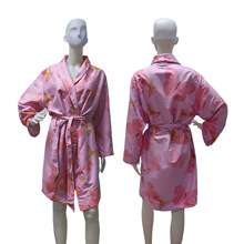 超细纤维粉色蝴蝶花型和服领浴袍双面绒毛巾布料睡袍浴衣吸水速干