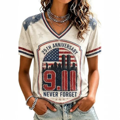 2026 Cross-Border Amazon Spring/Summer New American Flag Twin Towers Print V-Neck Short-Sleeve Women's T-Shirt Top 2026 Cross-Border Amazon Spring/Summer New American Flag Twin Towers Print V-Neck Short-Sleeve Women's T-Shirt Top