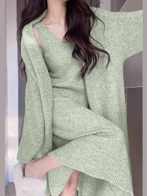 一整套早秋穿搭针织开衫外套秋冬吊带背心裙毛衣裙两件套装连衣裙|undefined