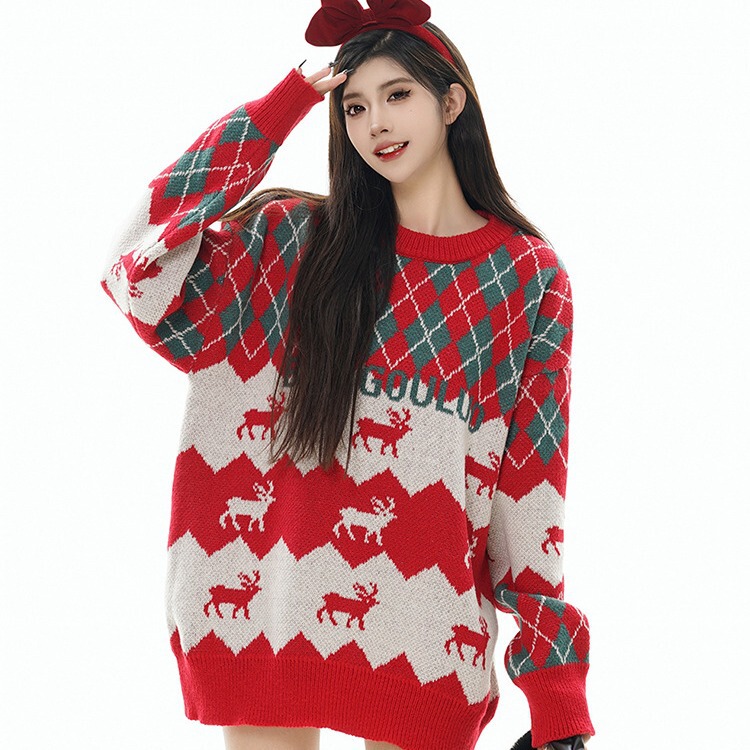 American Retro Christmas rhombus red sweater women's winter loose thickened couple wear lazy style pullover sweater