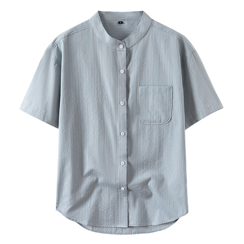 2025 cross-border summer new men's stand collar striped thin short sleeve shirt youth fashion casual cardigan shirt