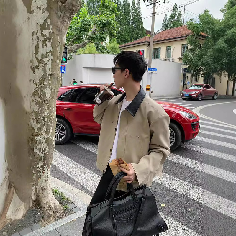 High-end Korean Fashionable Contrast Lapel Leather Jacket Men's Autumn Loose Short Shoulder Pad Jacket Trendy