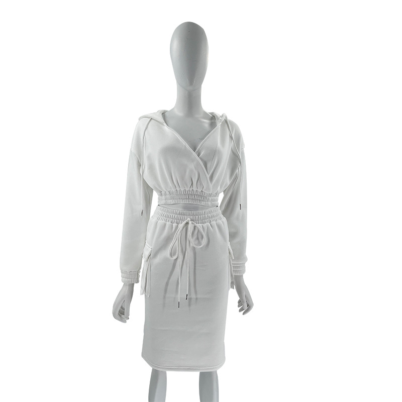 Women's Skirt Suit V Neck Hooded Solid Colour Long Sleeve Set_voghion.com