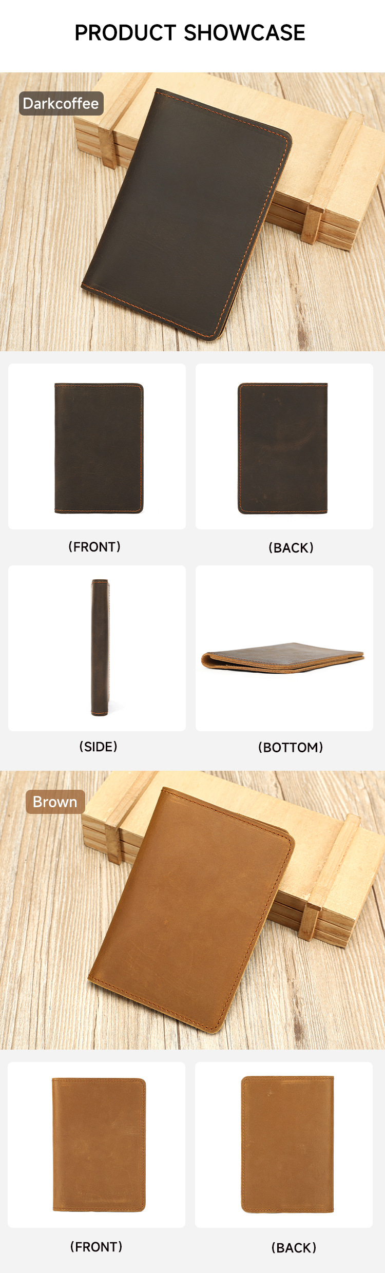 Ví card holder nam da bò mỏng đựng hộ chiếu và thẻ đa năng — Màu nâu sẫm, màu nâu chi tiết 6