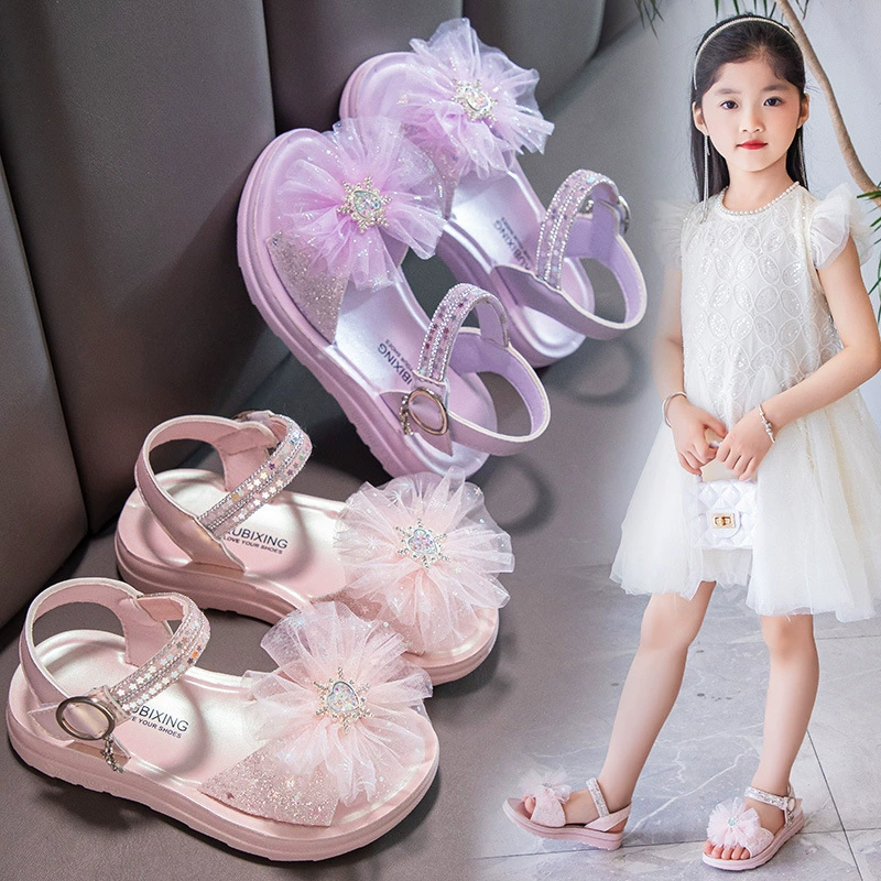 2025 лето новая кружевная сетка пряжа корейская версия девушки шоу платье сандалии блестящий подарок принцесса девочка