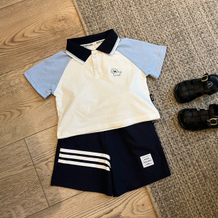 Children's Polo Shirt Summer New Baby Embroidered Puppy Lapel Color-block Top Children's Cotton Thin Clothes Trendy