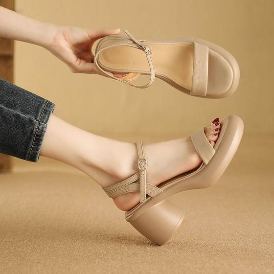 Huge Versatile 2024 New Simple One-line Open-toe Sandals for Women Summer Thick Heel Thick Sole Casual Roman High Heels
