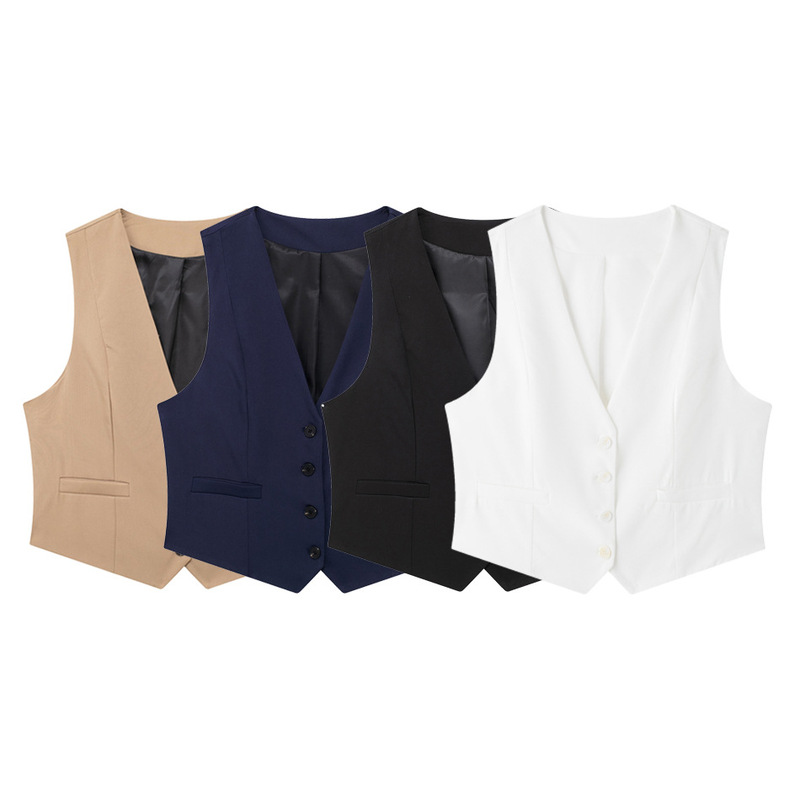 European and American Cross-border Women's Clothing 2024 Summer V-neck Street Cardigan Single-breasted Sleeveless Women's Vest A67599 European and American Cross-border Women's Clothing 2024 Summer V-neck Street Cardigan Single-breasted Sleeveless Women's Vest A67599