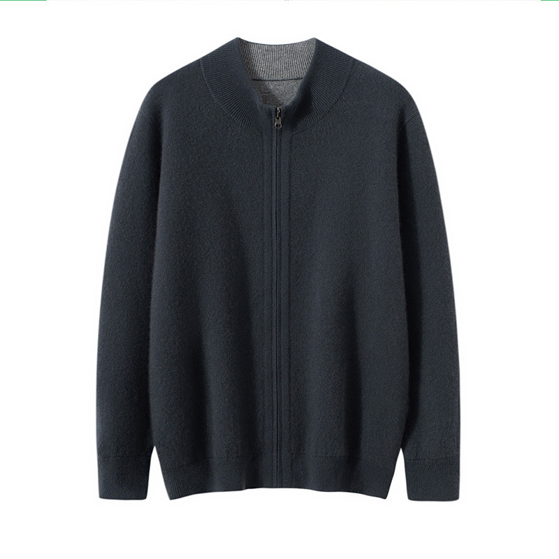 小山羊绒开衫男立领空气层加厚双面拉链针织毛衣纯色休闲外套男