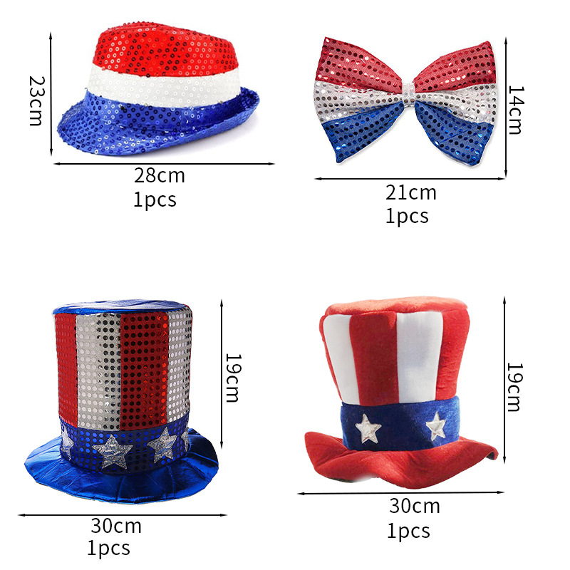 Sombrero de fiesta del Día de la Independencia de EE. UU., Sombrero de bandera nacional, Pajarita con lentejuelas, Sombrero de fiesta del tío Sam