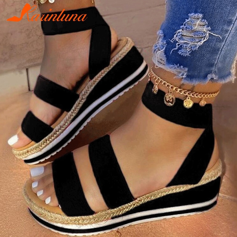 2020 summer European and American new style wedge heel sandals, large size thick-soled solid color fish-mouth shoes made of hemp rope, size 43 for export wholesale full figure